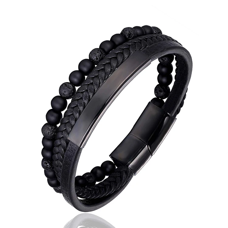 Trendy Men Jewelry Genuine Leather Braided Bracelet Stainless Steel Bar With Lave Stone Bead Multi-layer Leather Bracelet