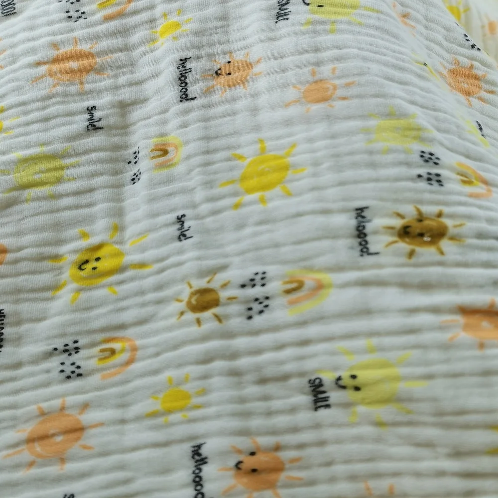Popular Baby Mosquito Pants Washed Cotton Fabric Pleated Seersucker Sleepwear 3-layer Cotton Crepe Gauze  Print Fabric