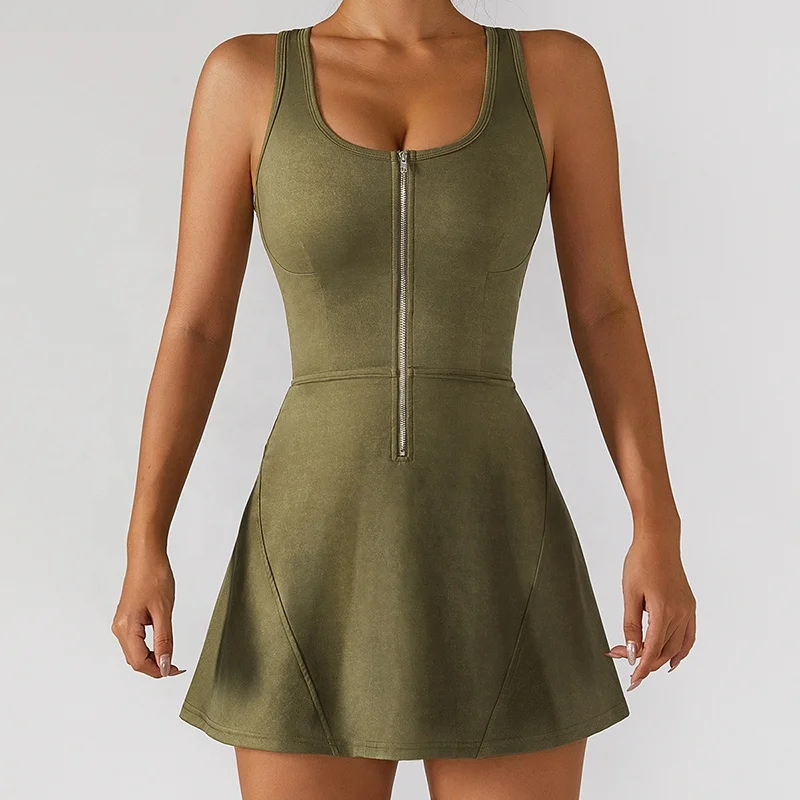 Custom Logo Recycled High Quality Breathable Solid Color Side Pockets Inside Shorts Stretchy U Neck Zipper Sports Tennis Dress