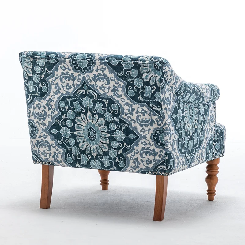 American style armrest sofa wooden legs print fabric big leisure chair