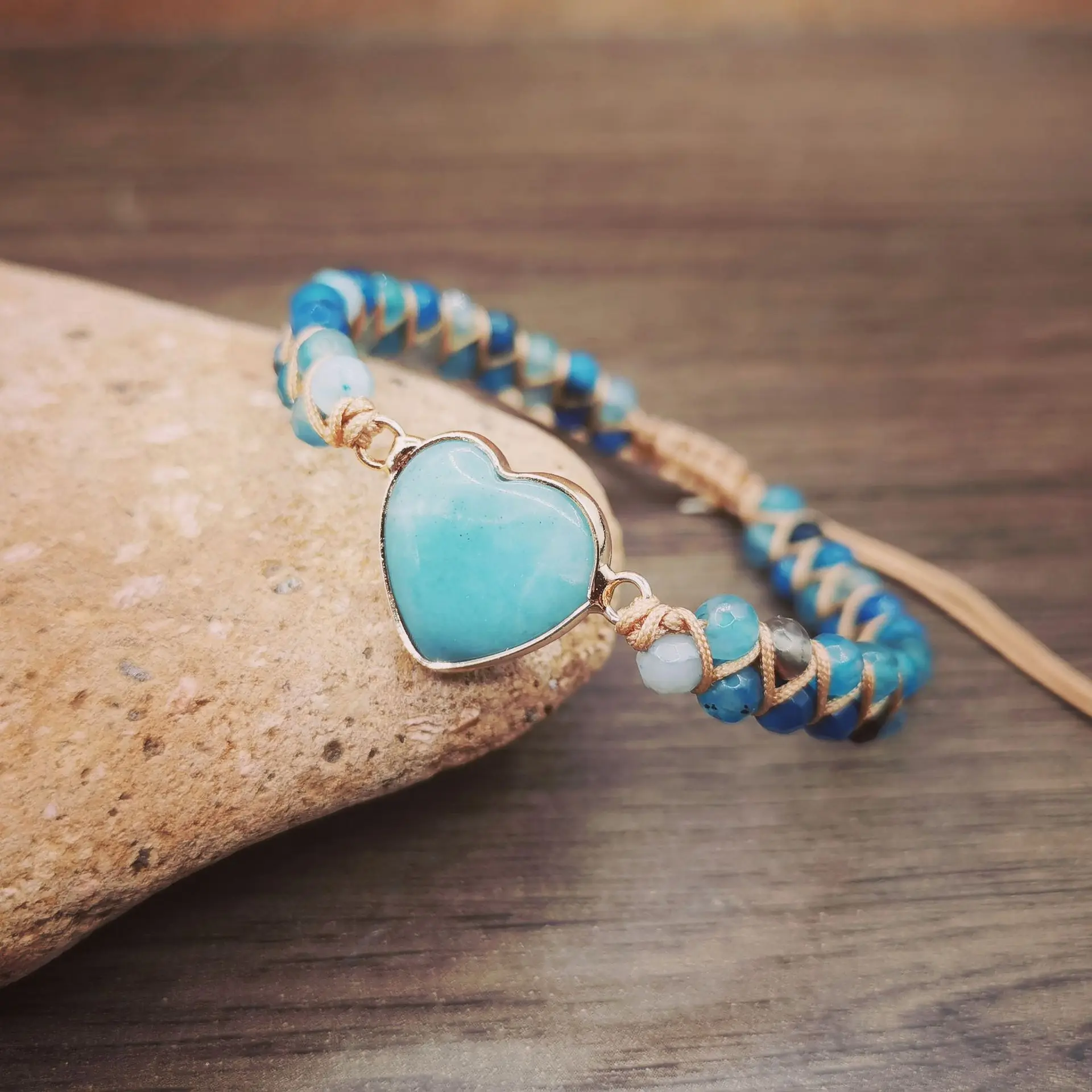 Natural Stone Heart Charm Bracelets String Braided Macrame Bracelets Jasper Friendship Wrap Bracelet Female Women Jewelry