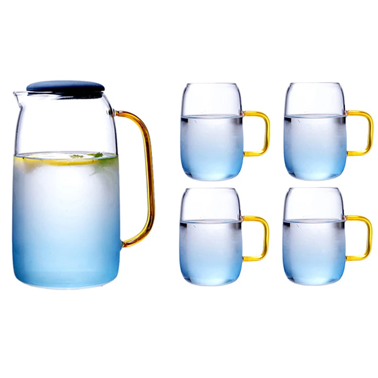 Simple Style glass kettle set Hand Blown Blue Tea infuser bottle drinking water jug carafe borosilicate glass pitcher with lid