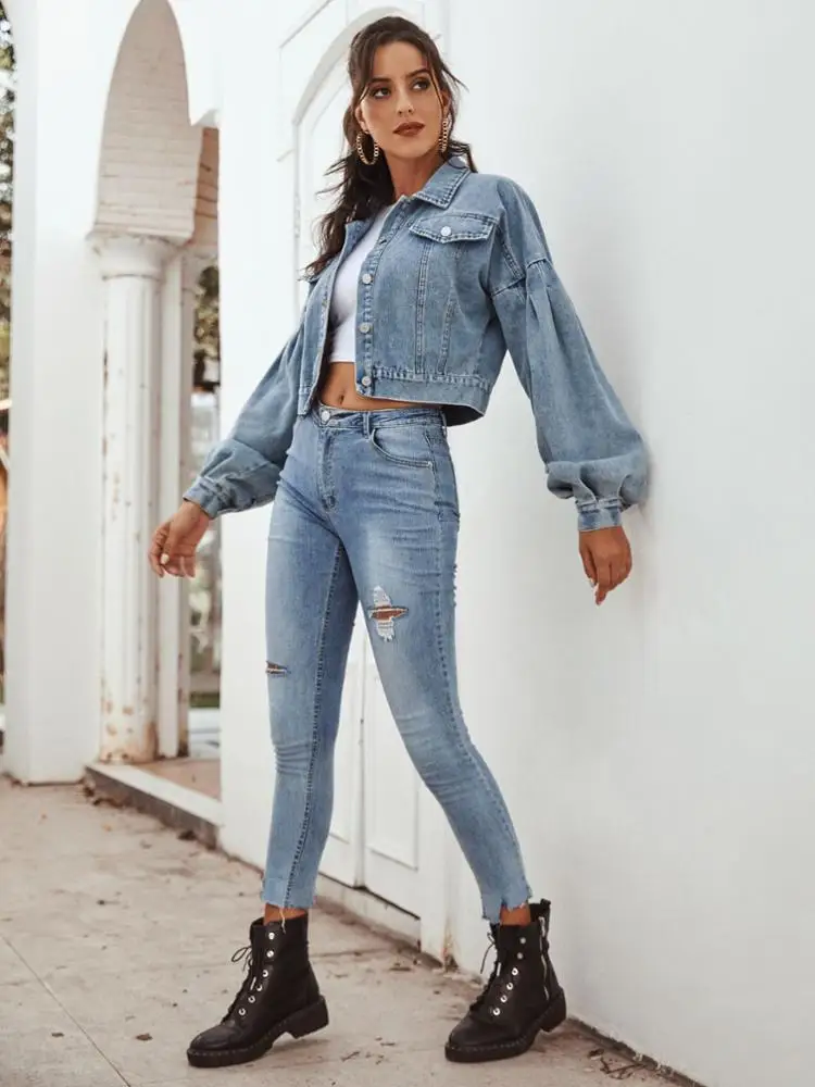 Ready made  puff sleeve denim jacket oversize denim jacket women fashion washed crop jean jacket wholesale