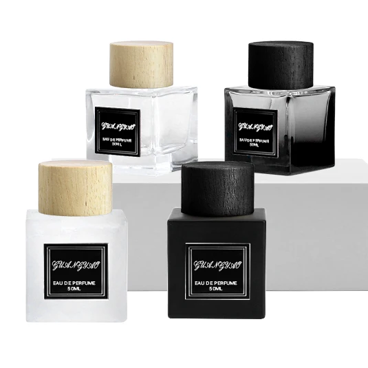 New Design Black And White 50ml Perfume Bottle 100ml Square Frosting Glass Bottle With Luxury Wooden Cover