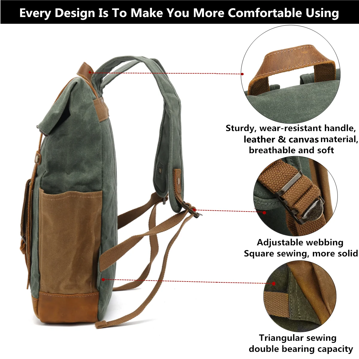 Custom recycled Rpet polyester roll top Travel Casual Rucksack backpack waterproof waxed canvas with cowhide leather backpack