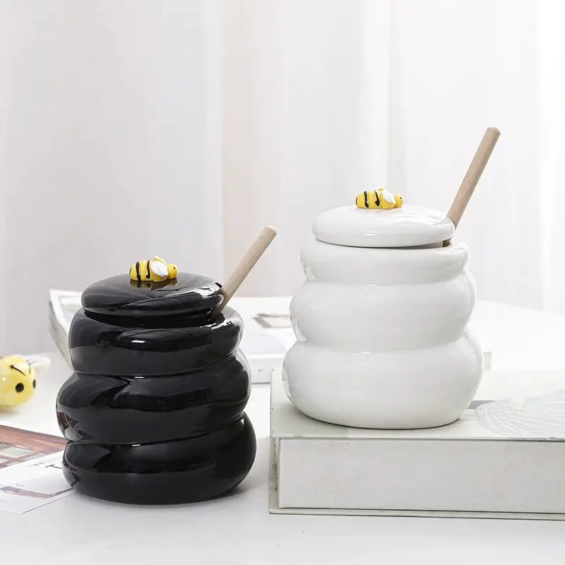 CR Porcelain Honey Jar with Lid and Honey Dipper