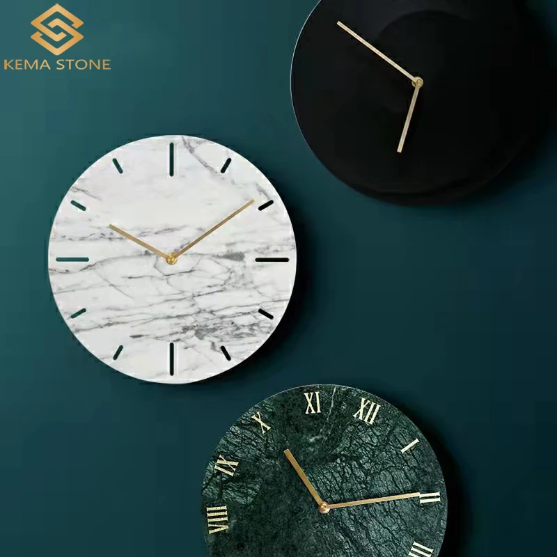 New Design Round Natural Stone Black Marquina Marble Wall Clock for Living Room