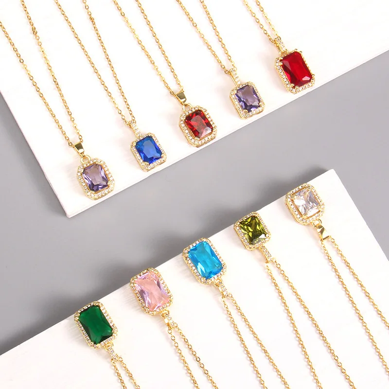 Emerald Blue White Pink Purple Ruby Necklace Cubic Zirconia Micro Insert Stainless Steel Necklace For Women