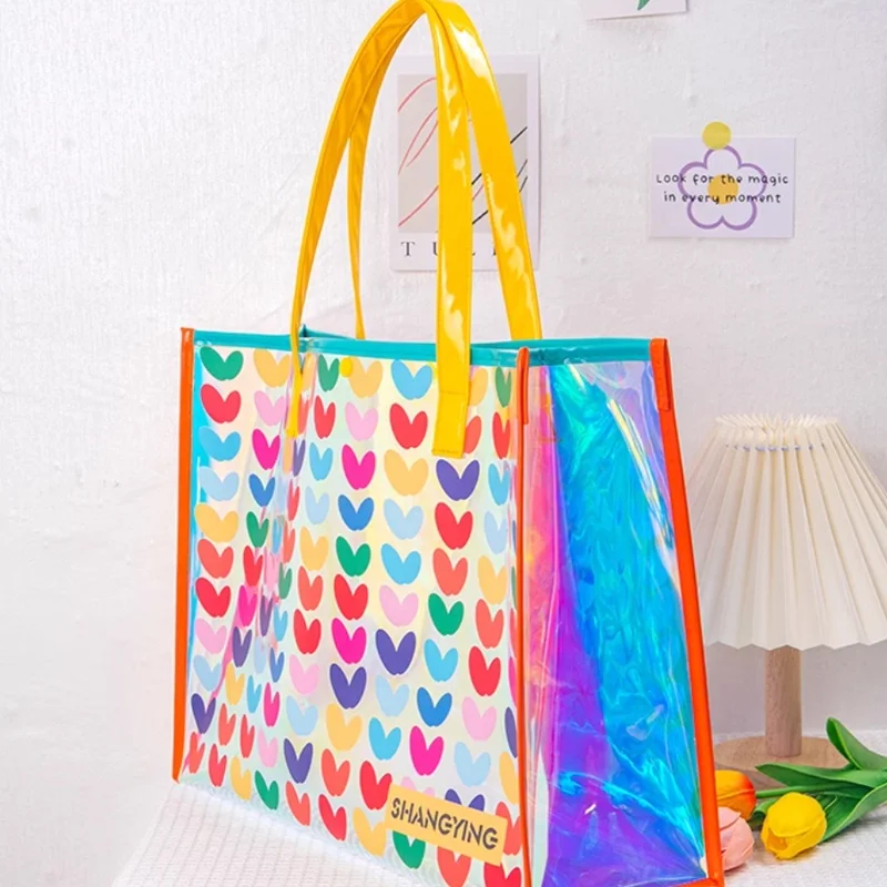 Colorful Laser Handheld Jelly Large Capacity Waterproof Thickened Storage for Cosmetics Clothes Custom Tote Shopping PVC Bag