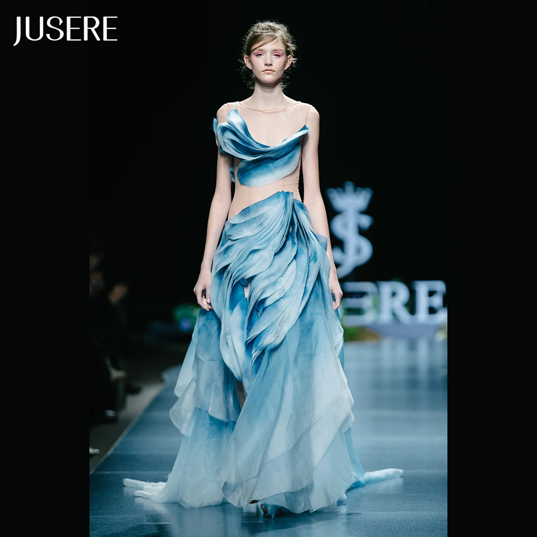 JUSERE FASHION SHOW Blue aline Evening Dress See Through Sleeveless Floor Length Formal Gowns Vestido de festa longo