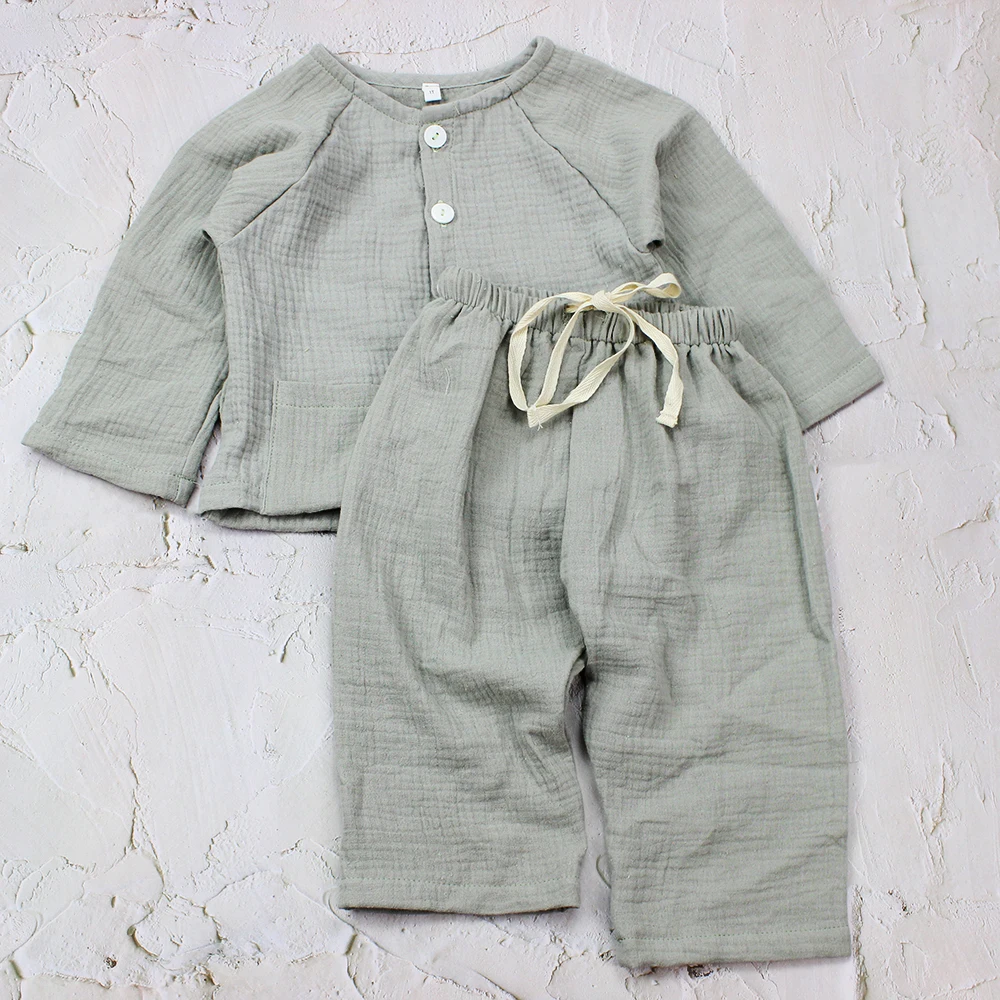 Spring kids clothes boutique button suits cotton muslin two piece outfits