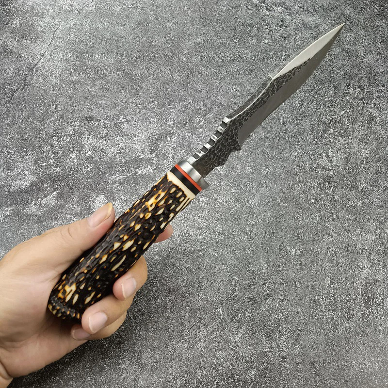 Outdoor Utility Wilderness Hunting Kitchen High Hardness Damascus Pattern Pocket Knife With Leather Sheath forging