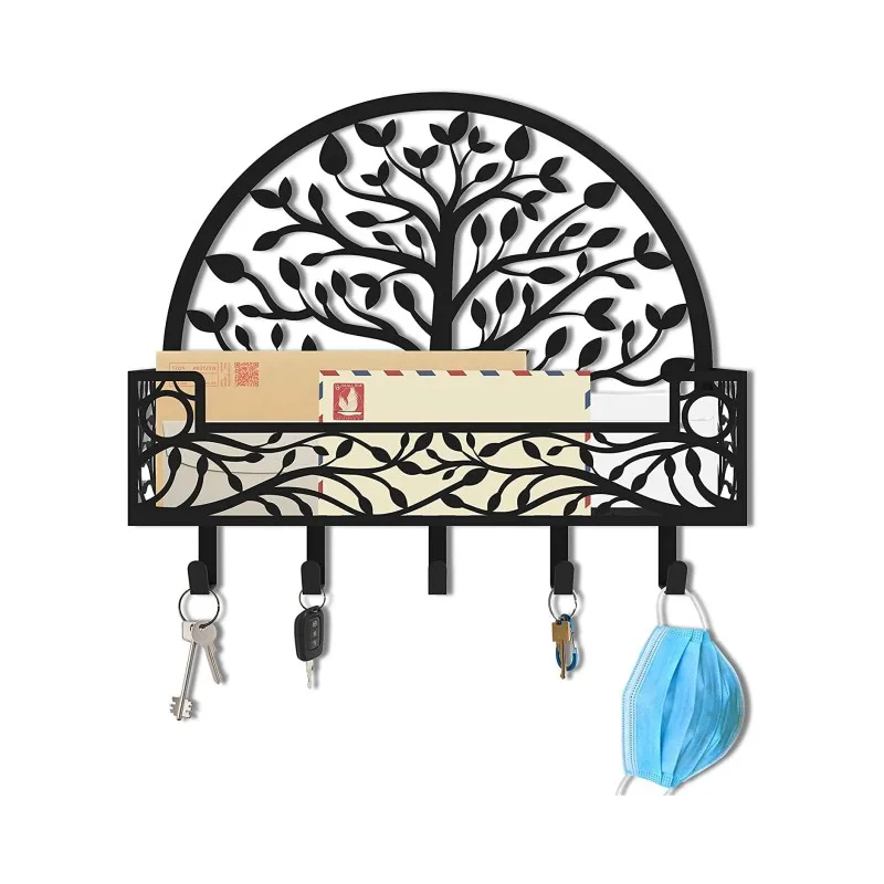 Trees Mail And Key Holder Rust Proof Black Wall Mounted Decorative Organizer Of Wallet Storage Durable Hanger Hooks