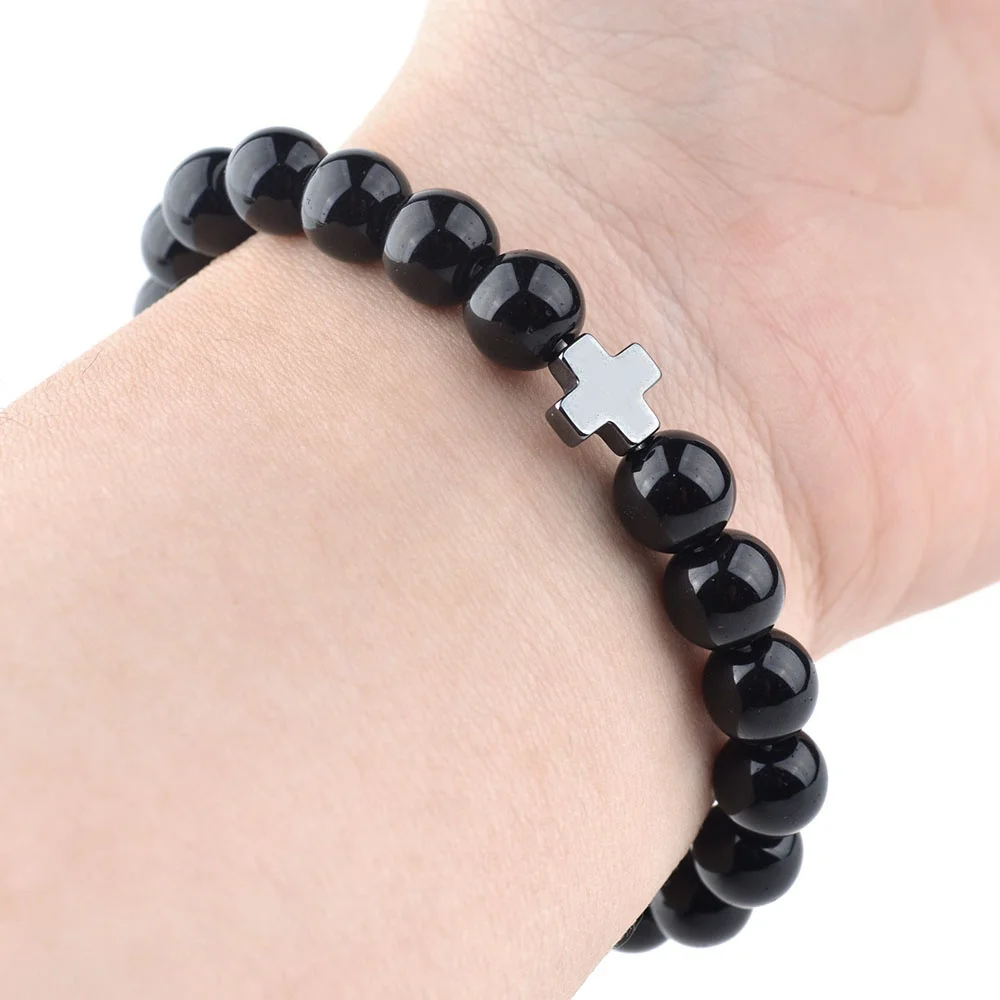 Catholic 8mm Black Glass Beads with Hematite Cross Religious Men Bracelet