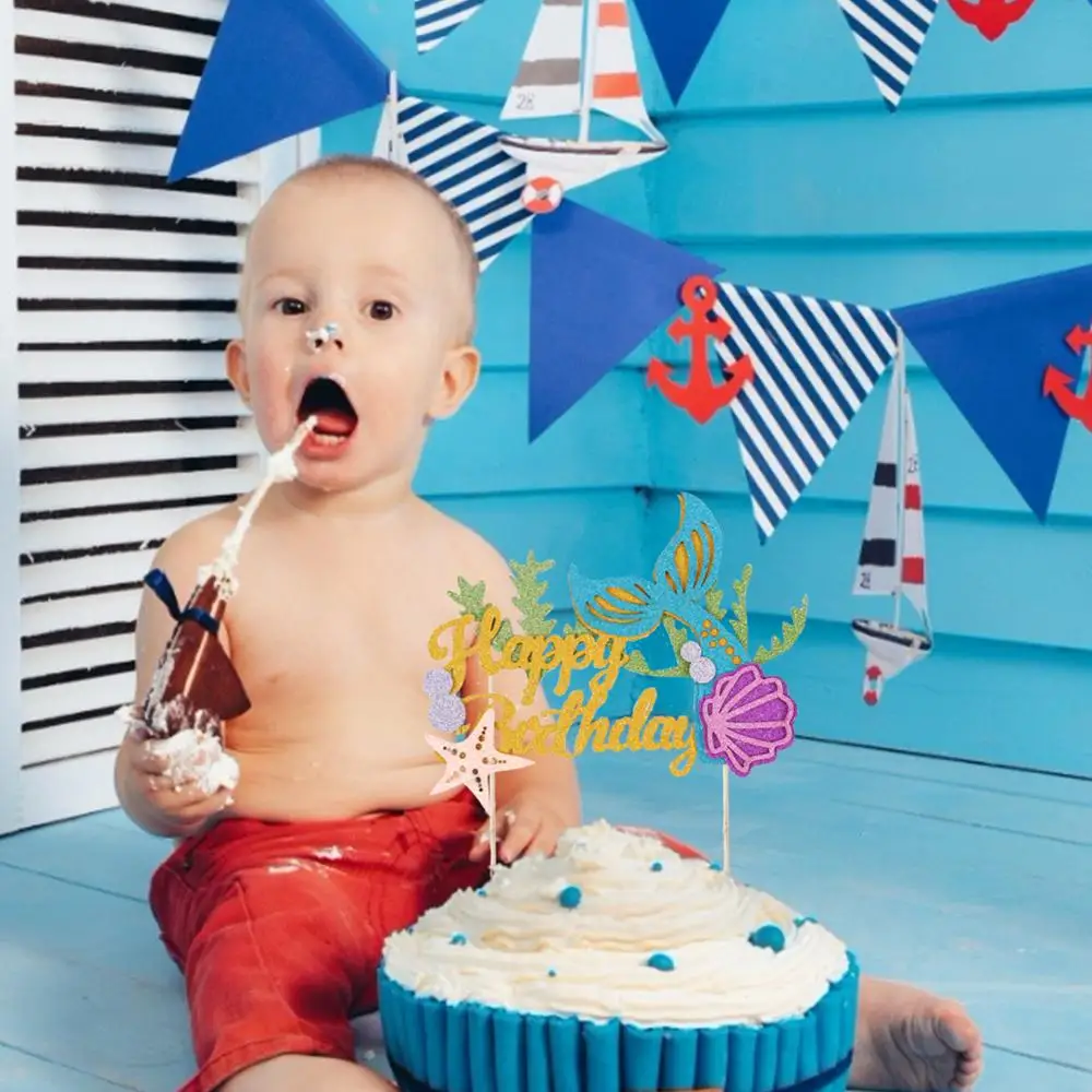 Wholesale Mermaid Happy Birthday baby Cake Topper Home Party Decoration Paper Cake Toppers