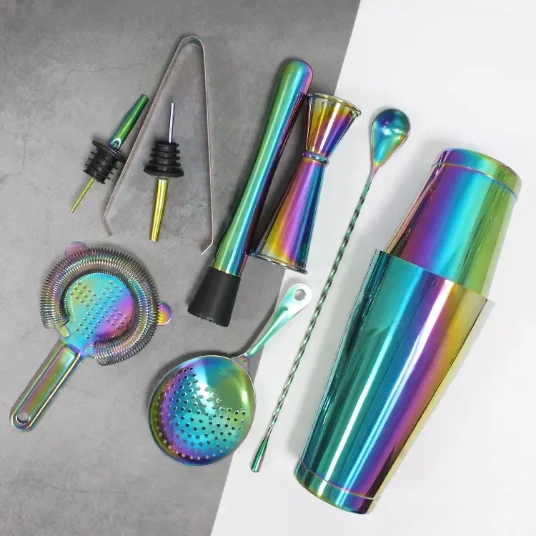 High Quality Unique Custom Logo Bar Colorful Plated Stainless Steel 10-piece Cocktail shaker set Bartender kit