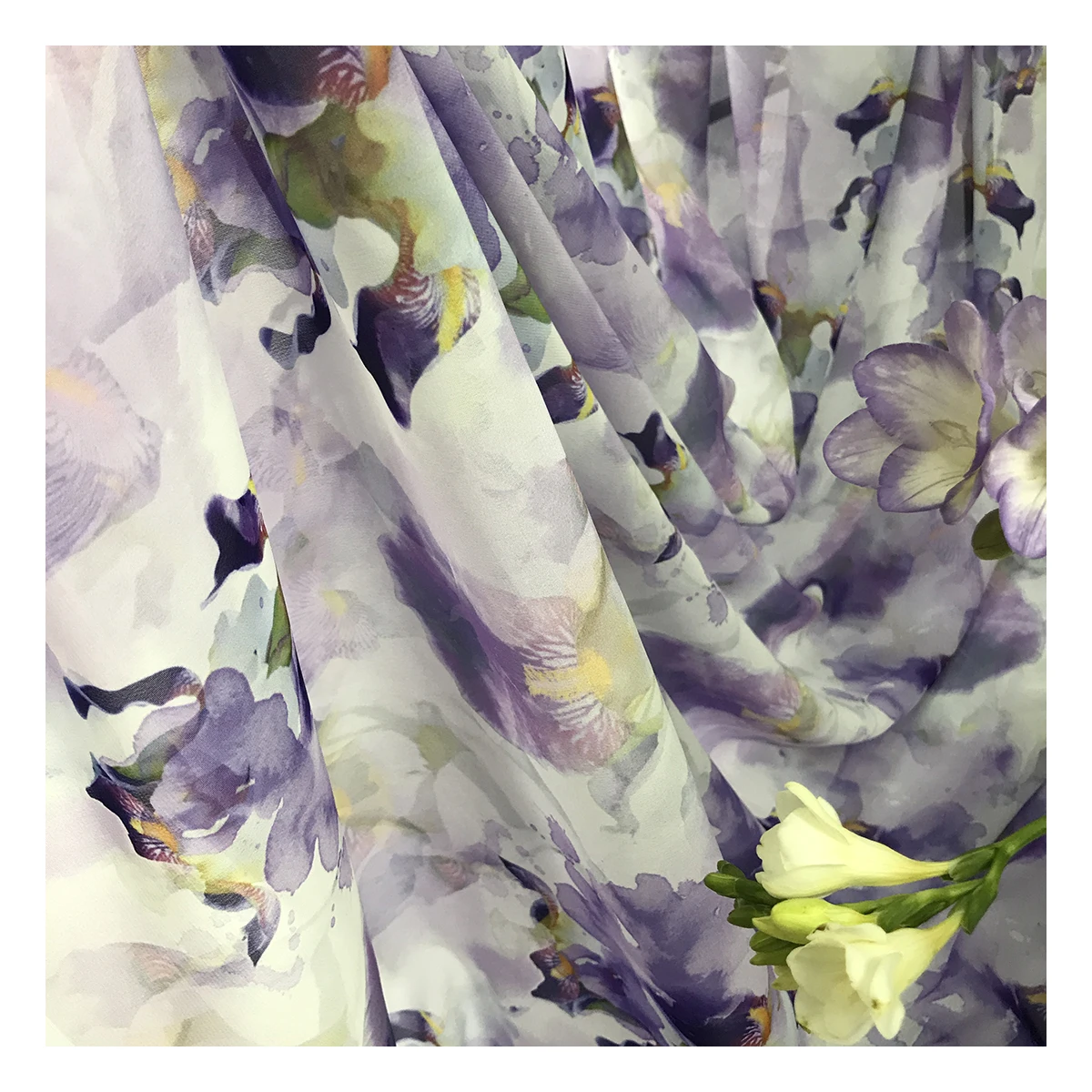 New fashion purple painting flowers design digital wholesale printed chiffon fabric for clothing