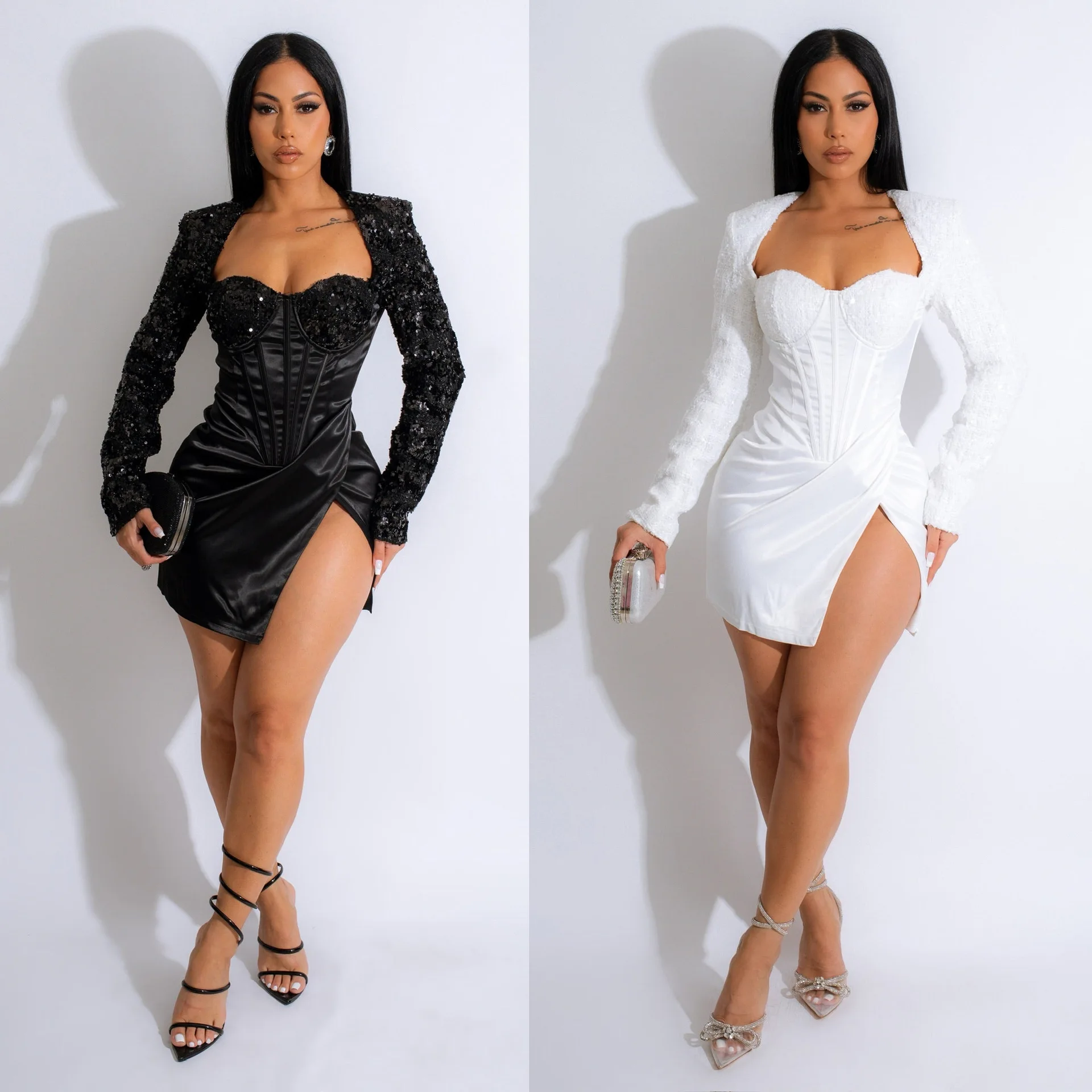 W81097  fashion long sleeve plain sequin split bodycon sexy ladies short dress