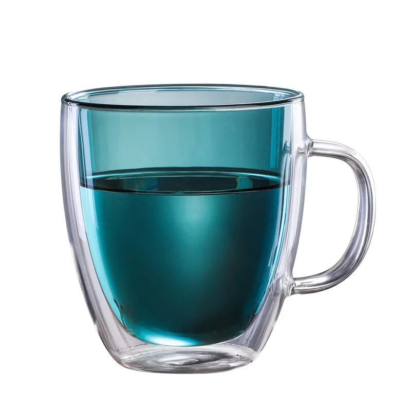 Hot selling wholesale price 350ml and 450ml colored inner layer double wall mug glass