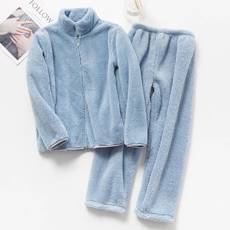 OEM long sleeve zipper men coral fleece pajamas sets winter thick pajamas set