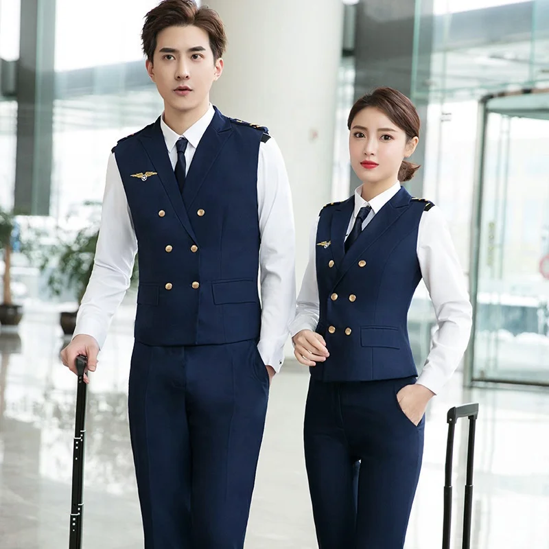 Spring Autumn Aviation School Uniform Pilot Hotel Double Breasted Work Uniform Men Women Blazer Jacket Pant Crew Airline Uniform