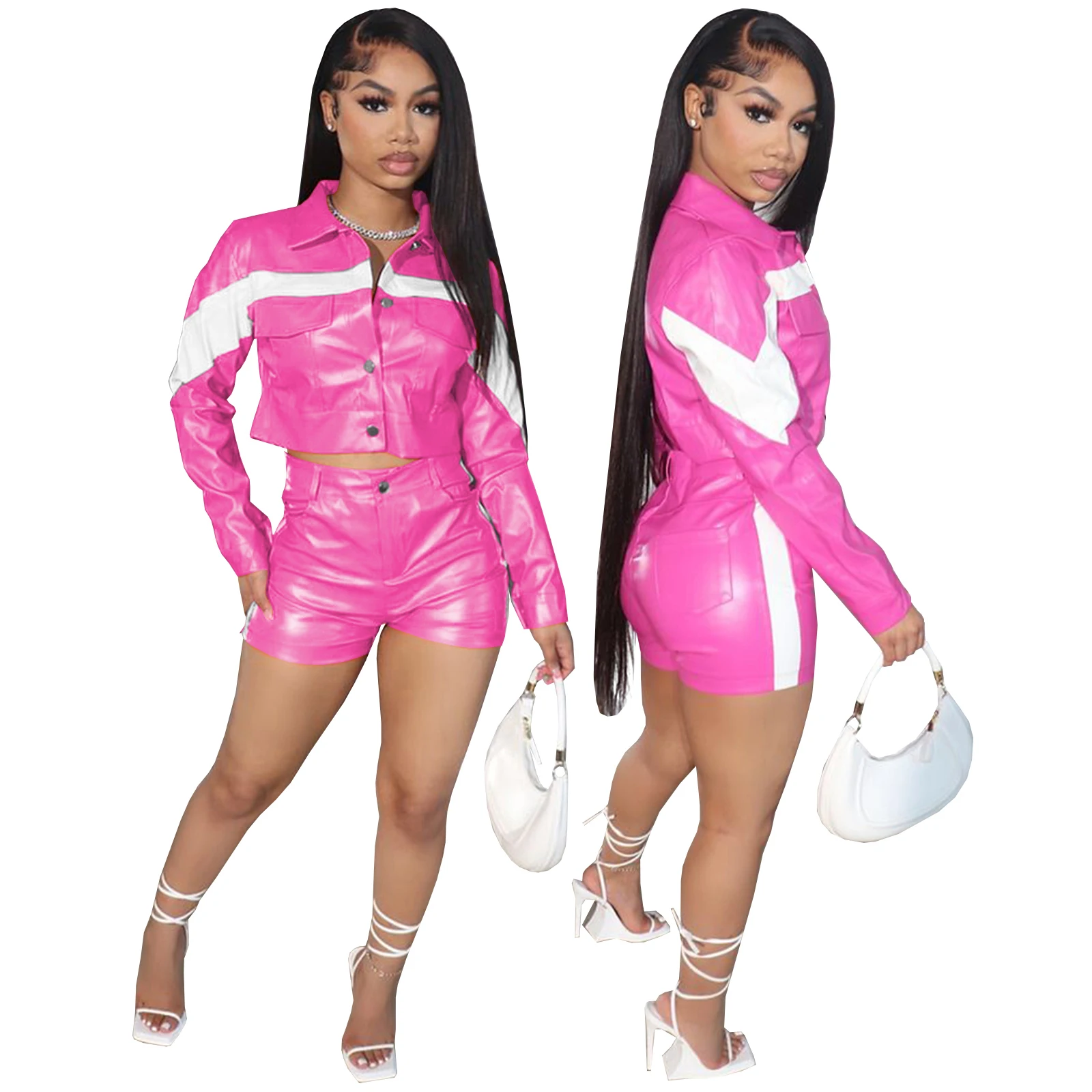 2023 New arrival leather jacket women shorts set women clothing Long Sleeve Patchwork leather 2 piece sets with jacket