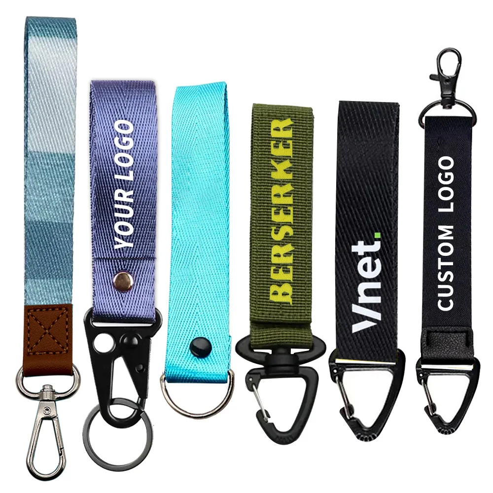 Manufacturer Custom Embroidered Patch Logo Carabiner Lanyard Holder Wrist Strap Keychains Short Lanyards Wholesale