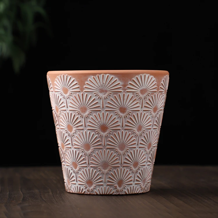 
Delicate pattern embossed terra cotta european style matte garden decoration pottery cactus plant pot 