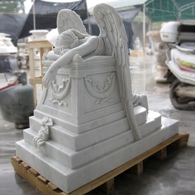 Customized Marble Tombstones Beautiful Sitting Angel Statue Monument For Cemetery