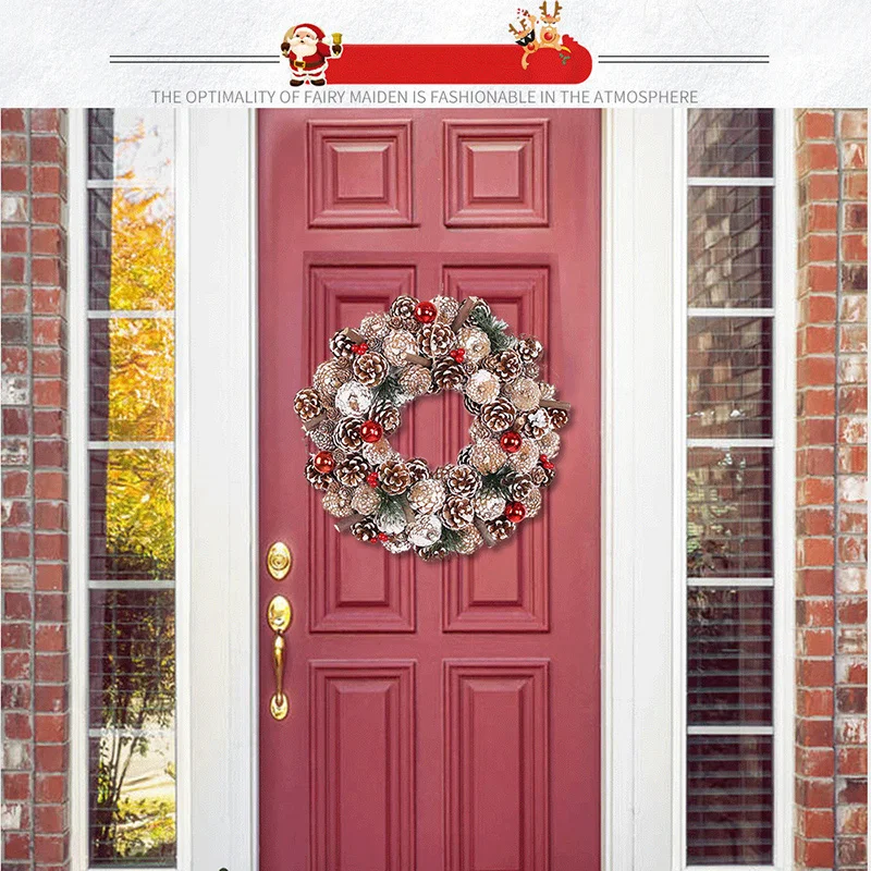 Christmas Light Wreath for Front Door Decoration with Ball Ornaments Poinsettia Flowers Pine Cones for Festival Party