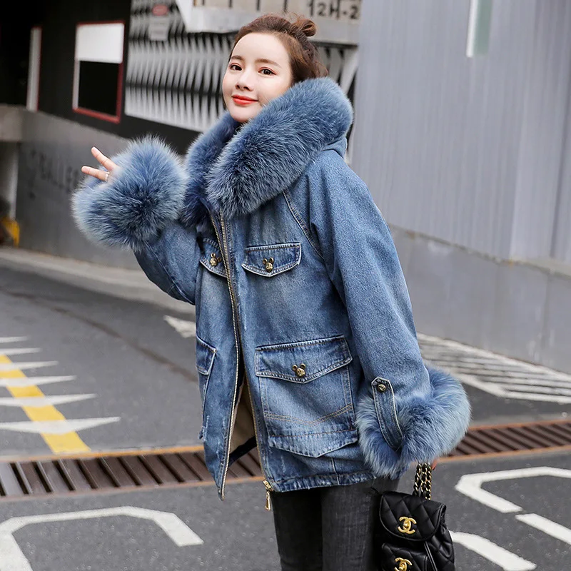 
Fashion big fur jean jacket women coats denim jacket with jeans 