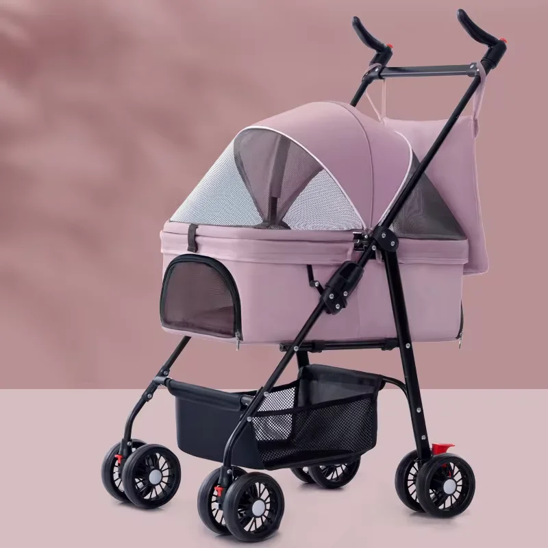 Foldable Pet Stroller City Walk 4 Wheels Baby Strollers Pet Carriers Stroller For Dogs And Cats With Storage Basket