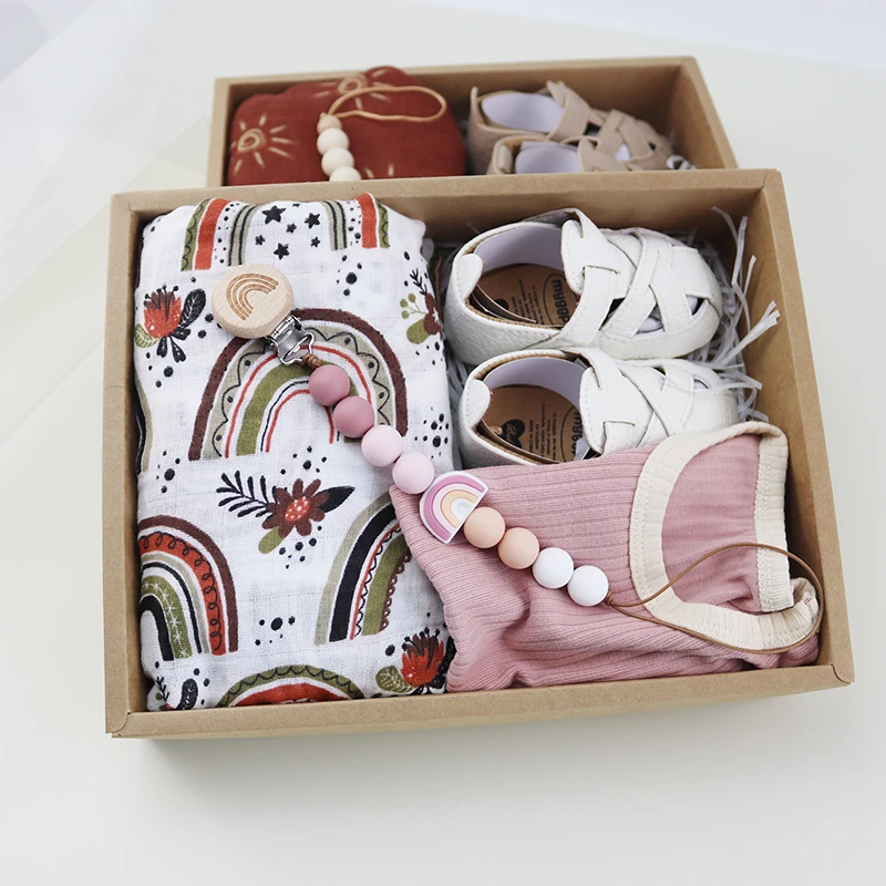 rainbow Baby Shower Gift Set with Teething pacifier chain Pu leather shoes Blanket Romper  new born baby gift set