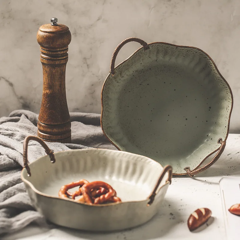Retro Japanese Ceramic Soup Bowl Breakfast Dessert Fruit Bread Dim Sum Salad Mixing Bowls With Rope Handle Restaurant Tableware