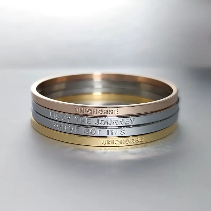 Custom Logo Stacking Full Circle Round Inspirational Engraved Women Stainless Steel Bangle Bracelet