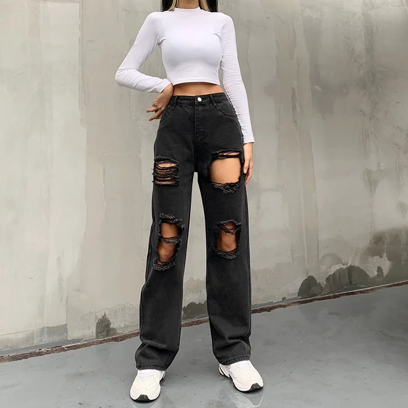 2023 Hot Sell Women Distressed Denim Pants Seluar Jeans Wanita Hip Hop Streetwear Girl High Waist Distressed Denim Trouser