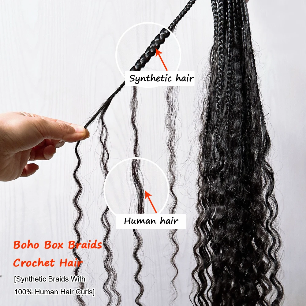 Pre-Looped Crochet Human Hair Curls Boho Box Braids Crochet Hair Extensions with Full Curly End