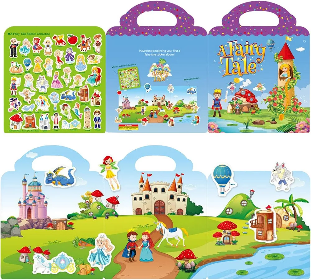Reusable waterproof princess castle fairy tale game princess wolf cartoon theme static sticker activity book for kids
