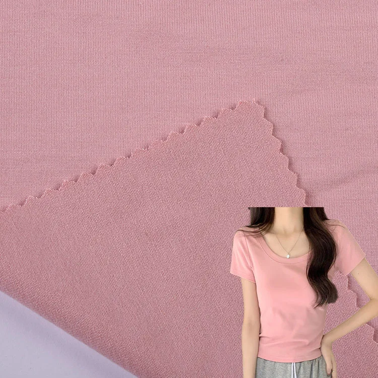 High quality 340gsm pink 57%polyester 31%rayon 12%spandex tr stretch jersey fabric for t-shirt women