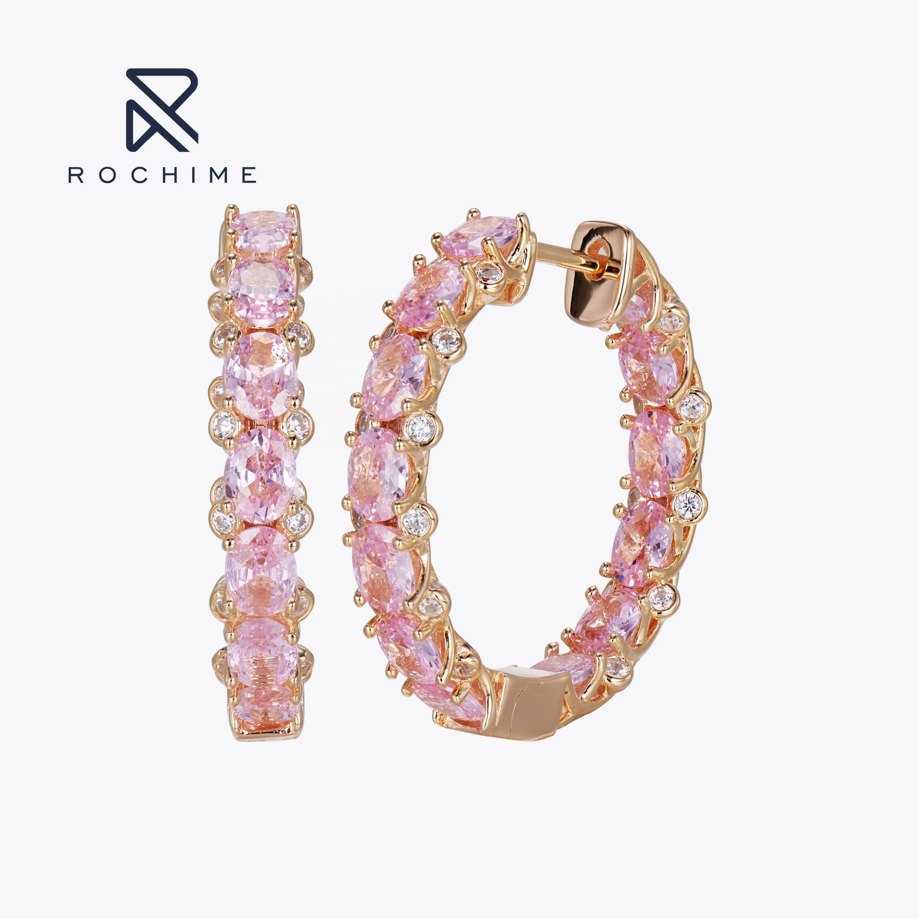 Rochime pink gemstone hoop earrings  925 sterling silver gold plated cubic zirconia jewelry for women
