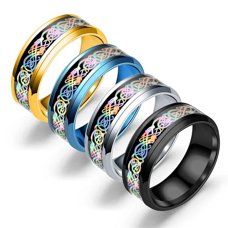 Wholesale Men Titanium Steel Black Tungsten Textured Colorful Glare Dragon Pattern Inlay Finger Stainless Steel Rings
