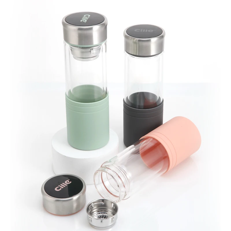 2020 пользовательские Экологически чистые многоразовые прозрачные чайные бутылки с двойными стенками фильтр высоким боросиликатным стеклом бутылка для воды