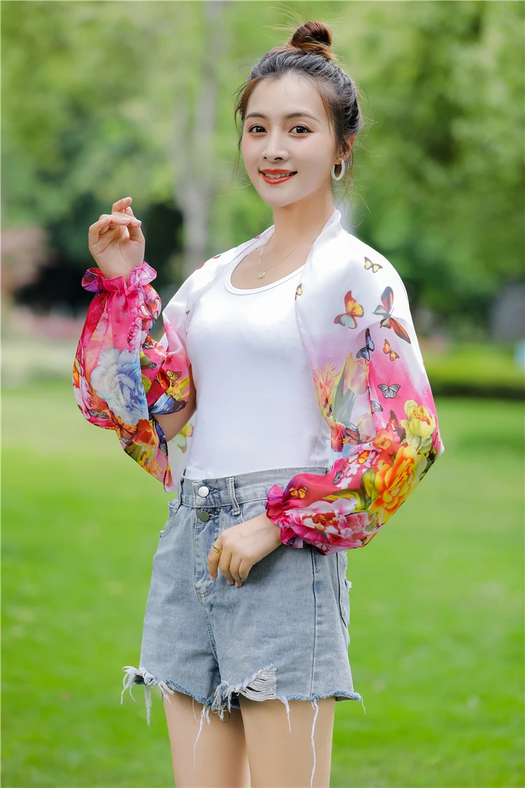 
Summer Sun Coat Arm Warmers Women Girls Sunscreen Chiffon Long Sleeve Summer Chiffon Shawl Riding Beach Sunscreen Shade Cover 