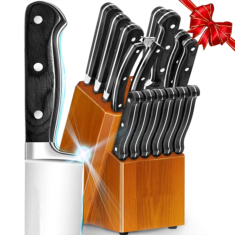 Немецкий набор ножей Pakkawood из нержавеющей стали с деревянным блоком, кухонные ножи, точилка и ножницы, подарочная коробка