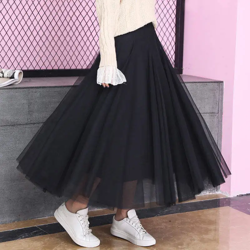 720 Degrees Women Mesh Ballet Tulle Pleated Skirt A-line Elastic Waist Girls Sweet Pleated Elegant Skirts Women Long Skirt