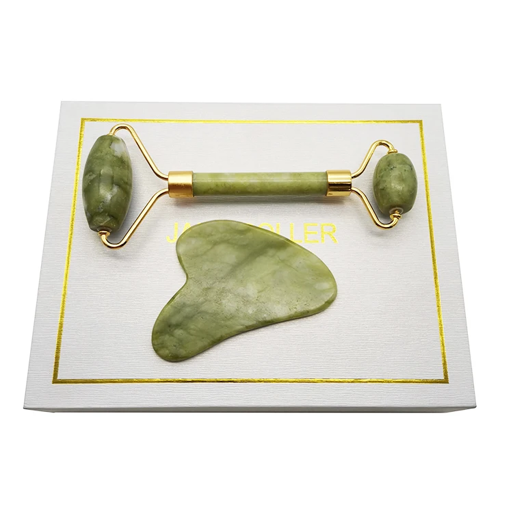 Natural Dark Green Jade Stone Gua Sha Health Care  Jade Roller and Guasha Board Set with Box