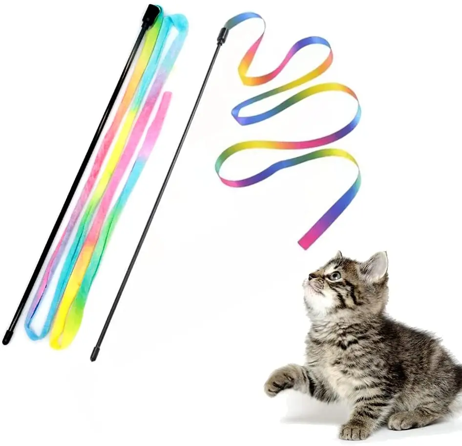 Interactive Cat Rainbow Wand Toys, Interactive Cat Teaser Wand String, Colorful Ribbon Charmer for Kittens