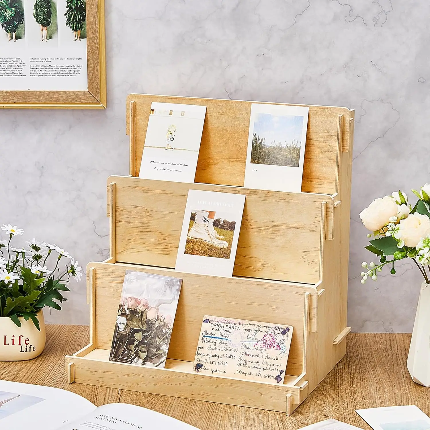 202411 3 Tier Wooden Card Display Stand Stationary Organizer Sticker Vendors Crafts Greeting Card Organizer Racks