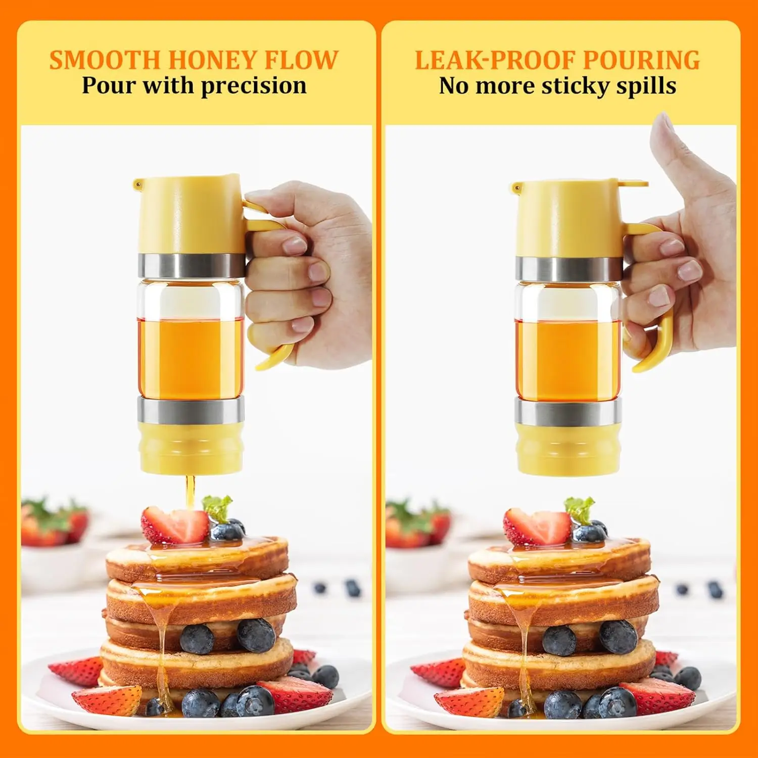 Glass Honey Dispenser Pot No Drip 9 OZ Honey Jar with Handle Syrup Dispenser for Coffee or Tea Ideal for Honey and Syrup Yellow