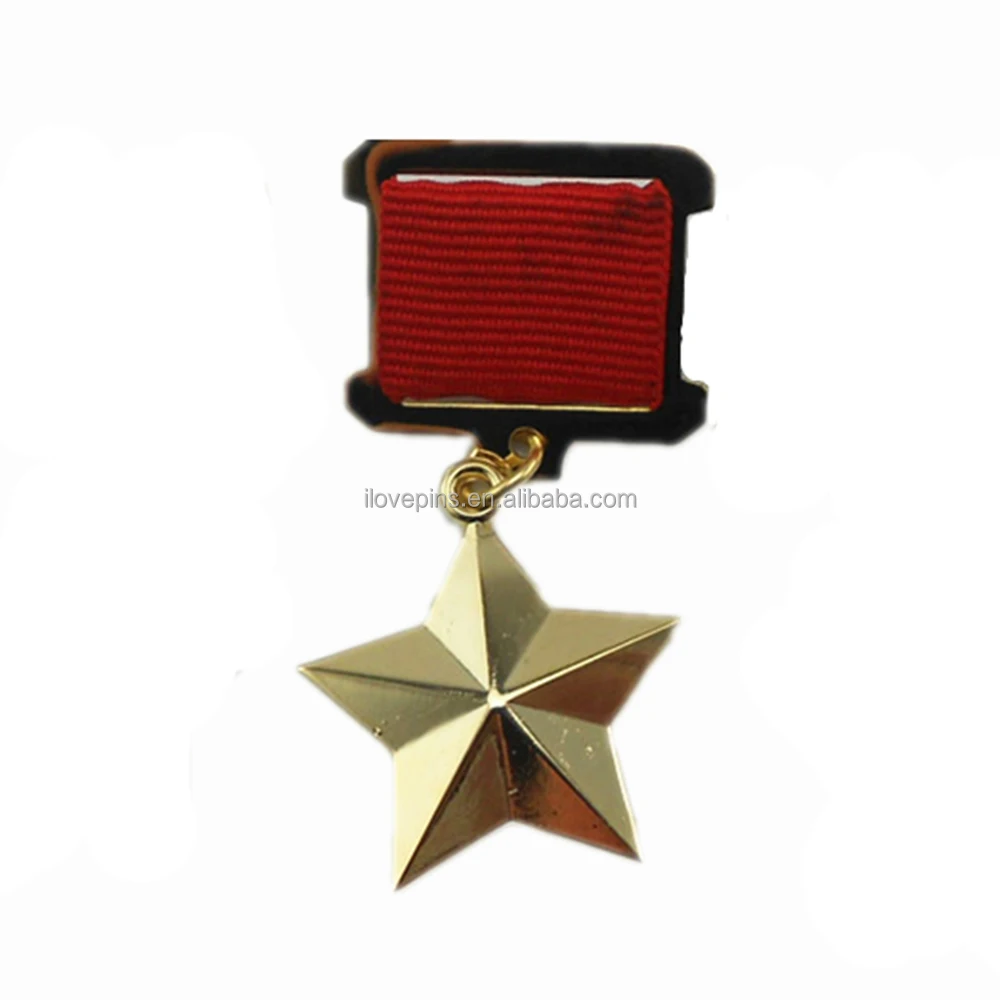 Customized Russian Star Shape 3D Badge Zinc-alloy Gold Plated Metal Brooch Pin with Ribbon